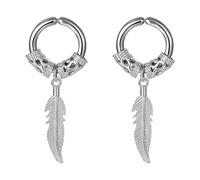 Flongo Feather Non Pierced Earrings: Unisex Embrace Circle Clip On Gothic Pendant Hinged Fake Ear Rings - Stainless Steel Huggie Earrings Jewelry Gifts for Husband Wife Girlfriend Lover(Silver)