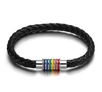 Flongo Gay Lesbian LGBT Pride Leather Black Braided Bangle Bracelet, Rainbow Striped Closure Stainless Steel Magnetic Clasp, Men Womens Cuff Bracelet