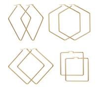 Flongo Geometric Gold Hoop Earrings Women 4 Pairs Set: Stainless Steel Creole Diamond Hexagon Square XXL Statement Dangle Minimalist Modern Hypoallergenic Fashion Jewellery Gift Birthday Girlfriend