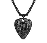 Flongo Guitar Pick Necklace for Men: Black Skull Punk Rock Stainless Steel Pendant with Engravable Back - Personalised Guitar Plectrum Holder Chain - Music Gift for Guitarist