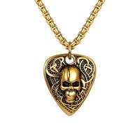 Flongo Guitar Pick Necklace for Men: Gold Skull Punk Rock Stainless Steel Pendant with Engravable Back - Personalised Guitar Plectrum Holder Chain - Music Gift for Guitarist