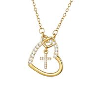 Flongo Heart Cross Necklace for Girls: Faith Pendant - Christian Jewellery - Religious Gift for Daughter - First Communion, Confirmation, Easter Present - Catholic Gift with Cubic Zirconia