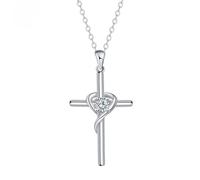 Flongo Heart Cross Necklace for Women: Silver Crystal Cubic Zirconia Pendant 30x18mm - Stainless Steel Chain 45cm+5cm - Christian Jewellery for Ladies - Mother's Day Valentine Birthday Gift