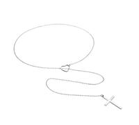 Flongo Heart Cross Necklace for Women: Silver Lariat Y Choker with Adjustable Length - Stainless Steel Pendant with Cuban Chain - Drop Necklace with Tail - Faith Jewellery - Gift for Her