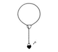 Flongo Heart Lariat Choker for Women: Black Adjustable Lock and Key Pendant Necklace with Stainless Steel Cuban Y Chain - Gothic Punk Jewellery - Love Symbol Necklace - Gift for Her