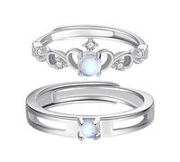 Flongo Heart Rings for Men and Women: Pack of 2 Forever Love Valentine's Day Engagement Rings with Zirconia - Adjustable Stainless Steel Partner Rings - Love Promise Wedding Rings - Anniversary Gift