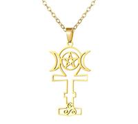 Flongo Hecate Cross Necklace for Women: Gold Triple Moon Goddess Pendant with Ankh and Pentagram - Wiccan Jewellery Protection Amulet - Witch Gift Spiritual Magic - Stainless Steel 45-50cm