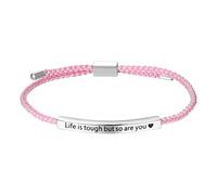 Flongo Inspirational Bracelet for Women - Adjustable Handmade Pink & Silver Braided Rope with Engraved Life is tough but so are you, Stainless Steel Encouragement Jewelry Gift