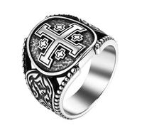Flongo Jerusalem Cross Ring Men: Cross Signet Ring Christian Jewellery Christening Amulet Stainless Steel Gift for Catholic Orthodox Jewish Father Lovers Friend Men 57, 70, Stainless Steel, No