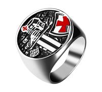 Flongo Knights Templar Seal Ring for Men: Cross Medal Stainless Steel Protective Shield Signet Ring with Archangel Michael Amulet Crusader Jewellery Religious Gift for Catholic, Stainless Steel