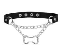 Flongo Leather Choker Collar for Women: Gothic Silver Bone Pendant Chain - Adjustable O-Ring Punk Rock Necklace - Halloween Festival Dark Alternative Jewellery - Slip Chain 39-43cm