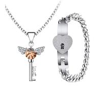 Flongo Lock Bracelet and Key Necklace Set: Couples Wings Heart Crystal Key Pendant Jewelry Matching Cuban lock bracelet Stainless Steel - Romantic Valentine's Day Jewelry Set for Girlfriend Boyfriend
