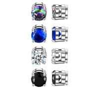 Flongo Magnetic Stud Earrings 4 Pairs: Stainless Steel Zircon Men Women Non-piercing Clip on Earrings - Round Square Jewellery Gifts for Husbands Wives Lovers Companions