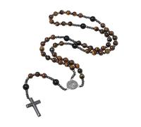 Flongo Men’s Rosary Necklace with Saint Benedict Medal - Brown Rosary Beads Made of Obsidian and Tiger Eye Catholic Jewellery Symbol of Faith and Protection Christian Prayer Necklace Gift for Men