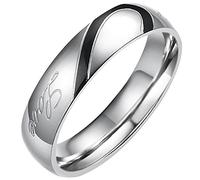 Flongo Men's Black Real Love Heart Matching Stainless Steel Couples Engagement Ring Wedding Promise Band, Size S