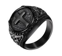 Flongo Men's Celtic Cross Ring, Black Signet Ring, Celtic Crucifix Stamp Ring, Religious Christian Bnading Amulet, Stainless Steel, Vintage, Punk, Biker, Father's Day, Men's Gift, Ring Size 57-71