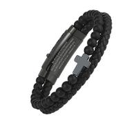 Flongo Men's Cross Bracelet: Black Leather Christian Bracelet with Bible Verse and Onyx Beads Adjustable Faith Bangle Stainless Steel Cross Inspirational Jewellery Religious Gift for Men Birthday