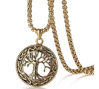 Flongo Men's Necklace Mens Stainless Steel Pendant Necklace Silver Gold Hollow Tree of Life Tree Of Life Celtic Irish Knot Round Tag Retro Men's Necklace Men's Accessories Gold