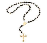 Flongo Men's Women Vintage Stainless Steel Black Gold Beads Jesus Christ Crucifix Cross Rosary Pendant Necklace, 23 inch Chain
