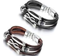 Flongo Men's Women's 2PCS Biker Alloy Silver Infinity Love Symbol Leather Cord Surf Bracelet Bangle, 8.3 inch