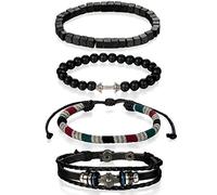 Flongo Men's Womens Fashion Dumbell Leather Bead Buddhist Bangle Bracelet Set