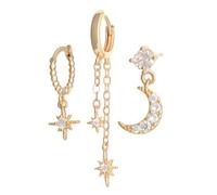 Flongo Moon Star Earrings for Women: Gold 3 Piece Hoop Dangle Drop Set Cubic Zirconia Stackable Layered Stainless Steel Earrings Gift Birthday Valentines Christmas Anniversary Girlfriend Wife Mom