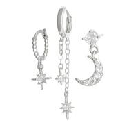 Flongo Moon Star Earrings Set for Women: Silver 3 Piece Hoop Dangle Drop Long Cubic Zirconia Stackable Earrings Gift Birthday Valentines Day Anniversary Girlfriend Wife