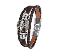 Flongo Multi-layer Braided Leather Cuff Bracelet for Men Women Hand Chain Brown/Black with Tree of Life Alloy Retro Ethnic Style, 17 cm, Leather