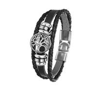 Flongo Multi-layer Braided Leather Cuff Bracelet for Men Women Hand Chain Brown/Black with Tree of Life Alloy Retro Ethnic Style, 17 cm, Leather