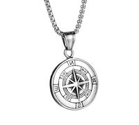 Flongo North Star Compass Necklace: Men Navigator Pendant Viking Necklace Norse Vegvisir Stainless Steel Necklaces Jewelry Gift for Father Son Boy Friend