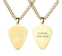 Flongo Personalised Guitar Pick Necklace: Gold Stainless Steel Cuban Link Chain 3D Music Note Pendant Hip Hop Men's Jewellery Custom Engraving Available Music Gift for Guitarists Women Men