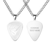 Flongo Personalised Guitar Pick Necklace: Silver Stainless Steel Cuban Link Chain 3D Music Note Pendant Hip Hop Men's Jewellery Custom Engraving Available Music Gift for Guitarists Women Men