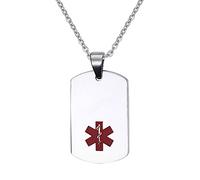 Flongo Personalized Customization Engraving Unisex Stainless Steel Medical Alert ID Dog Tag Pendant Men and Women, 21.6 inch Chain