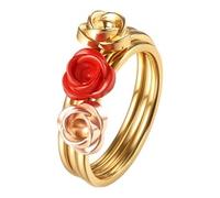 Flongo Rose Ring Set 3 Pcs Women: Red Gold Rose Gold 3D Flower Stainless Steel Stackable Engagement Eternity Ring Wedding Valentine Birthday Gift Girlfriend Wife - Size 8