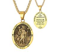 Flongo Saint Christopher Necklace for Men: Stainless Steel Saint Medal Pendant - Catholic Christian Necklace for Travellers - Faith Protection Jewellery in Gold Silver Tone