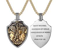 Flongo Saint Michael Pendant for Men: Archangel Saint Michael Necklace Catholicism Religious Chain St Jude Medal Black Silver Lucky Charm Protection Christmas Amulet Gifts