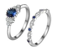 Flongo Sapphire Ring Set for Women: 2 Pieces Stackable Promise Rings Cubic Zirconia Round Eternity Band Sterling Silver Plated Wedding Engagement Gifts for Her Girlfriend Wife Size 8