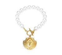 Flongo Shell Beach Bracelet for Women - Gold Stainless Steel Pearl Bangle with Starfish, Shell and Sea Turtle Charms - Adjustable Ocean Jewelry - Summer Boho Accessory - Gift for Her