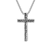 Flongo Silver Cross Necklace for Men in Stainless Steel - Large Pendant with Hammered Finish, Vintage Punk Style, Christian Necklace Symbol of Faith and Strength