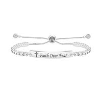 Flongo Silver Inspirational Bracelet for Women with Engraving Faith Over Fear - Adjustable Stainless Steel Motivation Bangle - Gift for Wife, Girlfriend or Daughter