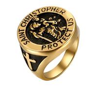 Flongo St. Christopher Ring for Men: Stainless Steel Catholic Protection Medal - Travel Saint Religious Jewellery in Gold - Faith Symbol Ring for Safety and Blessing - Size 12