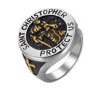 Flongo St. Christopher Ring for Men: Stainless Steel Saint Medal Protection Ring - Catholic Religious Travel Jewellery Gold Silver Two Tone - Faith Symbol of Safety and Blessing - Size 9