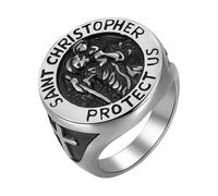 Flongo St. Christopher Ring for Men: Stainless Steel Saint Medal Ring - Catholic Faith Jewellery for Travellers - Religious Protection Amulet in Silver, Christian Gift for Men - Size 11
