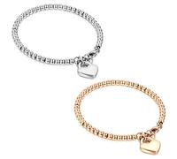 Flongo Stainless Steel Womens Peach Heart Beads Link Bracelet, Lovely BFF Bracelet Color Silver RoseGold for Christmas Valentine's Wedding Engagement