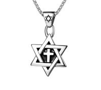 Flongo Star of David Cross Necklace for Men: Gold Golf Hexagonal Star David Star Pendant Biker Punk Cross Jewish Israel Chain Religious Amulet Stainless Steel Father Birthday Men Gifts