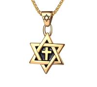 Flongo Star of David Cross Necklace for Men: Gold Wave Hexagonal Star David Star Pendant Biker Punk Cross Jewish Israel Necklace Religious Amulet Stainless Steel Dad Birthday Men Gifts, 43.4 mm x 29.9