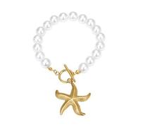 Flongo Starfish Bracelet for Women - Adjustable Gold Stainless Steel Beach Bangle with Shell, Pearl and Sea Turtle Charms - Summer Ocean Jewelry - Elegant Boho Fashion Accessory - Gift for Her
