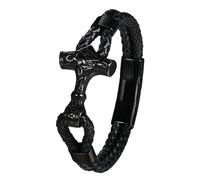 Flongo Thor's Hammer Bracelet for Men: Black Viking Mjolnir Norse Mythology Leather Cuff - Layered PU Braided Design with 3D Stainless Steel Pendant - Magnetic Clasp - Gift for Friend