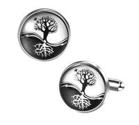 Flongo Tree of Life Cufflinks for Men: Black and White Silver Design Metal Shirt Cuff Links with Resin Coating Perfect Gift for Weddings Business Attire Symbolic Mens Jewellery Accessory
