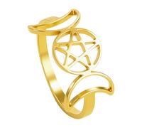 Flongo Triple Moon Goddess Ring for Women - Stainless Steel Pentagram Protective Ring with Wicca Witch Knot Symbol - Pagan Jewellery Gold - Spiritual Gift for Wiccan and Mysticism Lovers - Size 54, 62